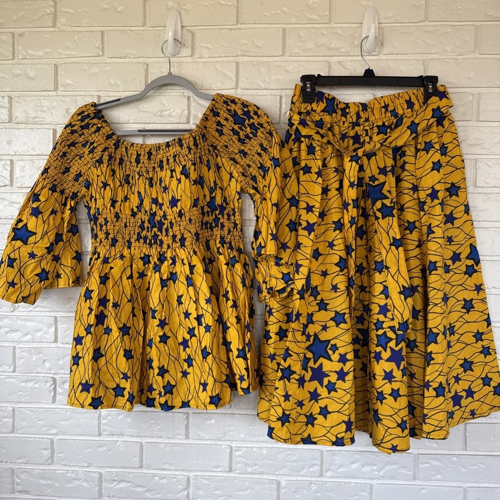 Satsuma NWT African Smocked Set  Pelham Blouse‎ Pleated Skirt Yellow One Size